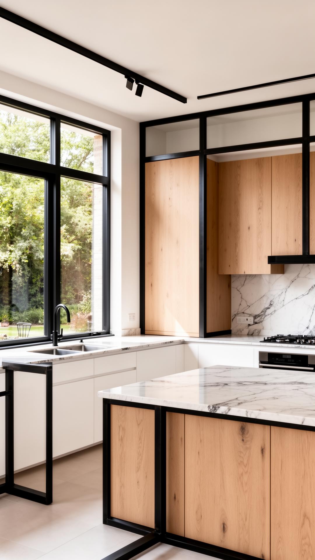 Modern kitchen renovation with white oak cabinetry and black steel detailing